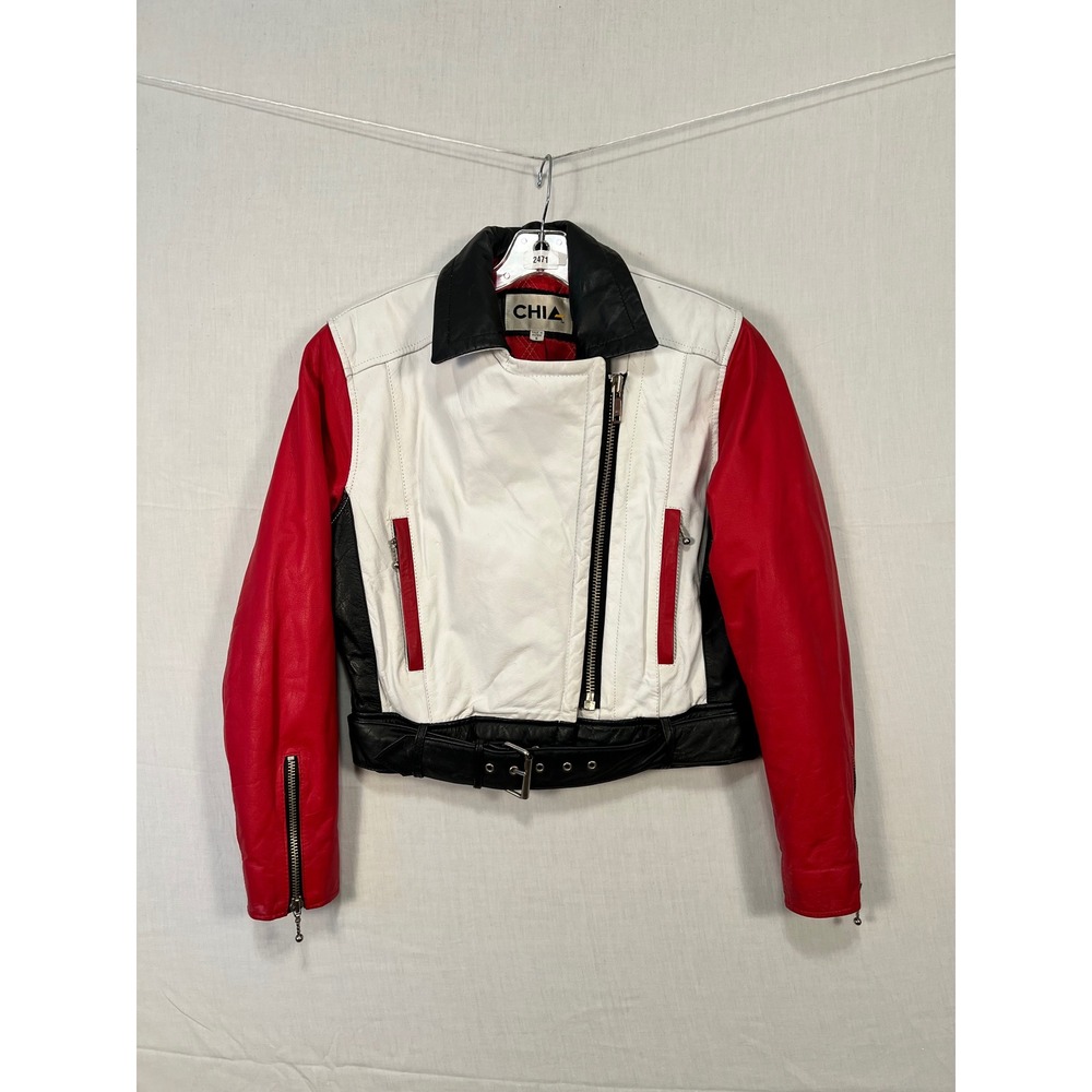 Vintage CHIA Leather Motorcycle Jacket Red White Black Colorblock Cropped Moto S